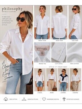 Philosophy Republic White Button Down Shirt Women’s M 100% Cotton Oversized